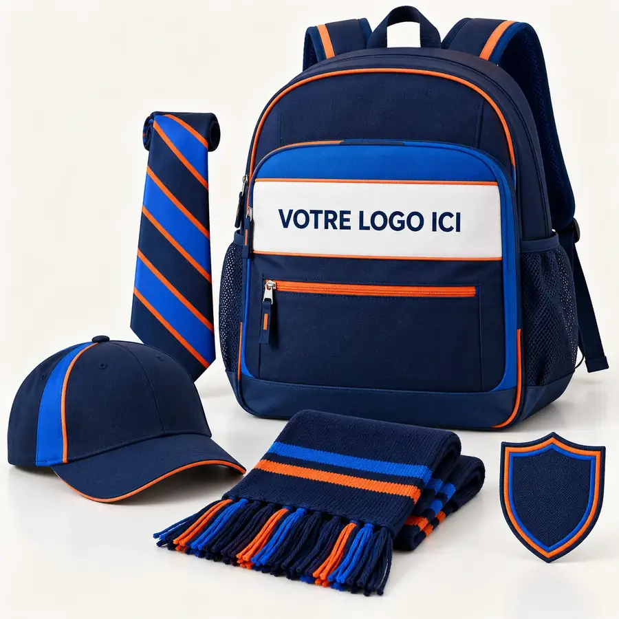 Accessoires scolaires : sac à dos, cravate rayée, casquette, écharpe et écusson aux couleurs de l’école.