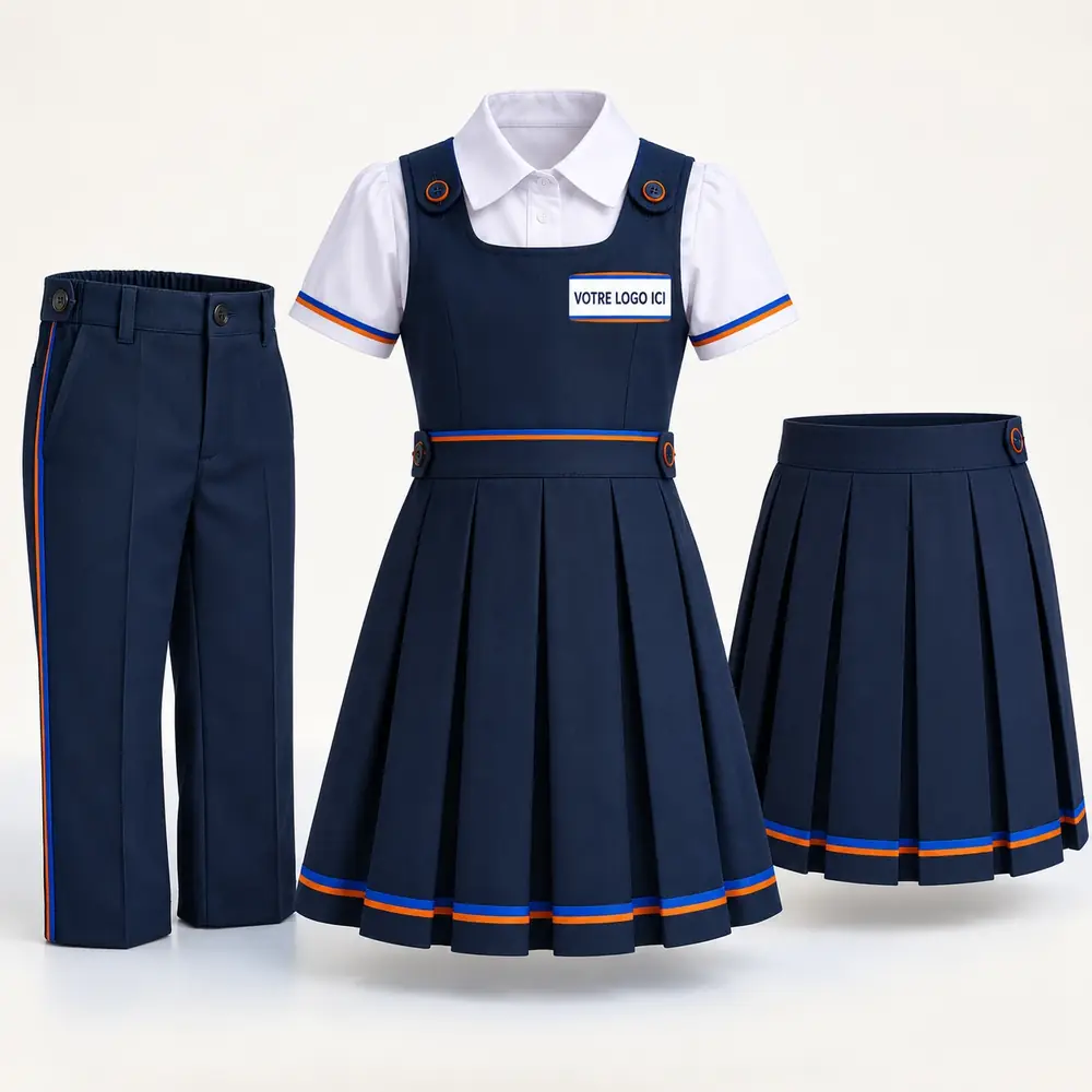 Pantalon, robe chasuble et jupe plissée marine d’uniforme scolaire à bordure contrastée.