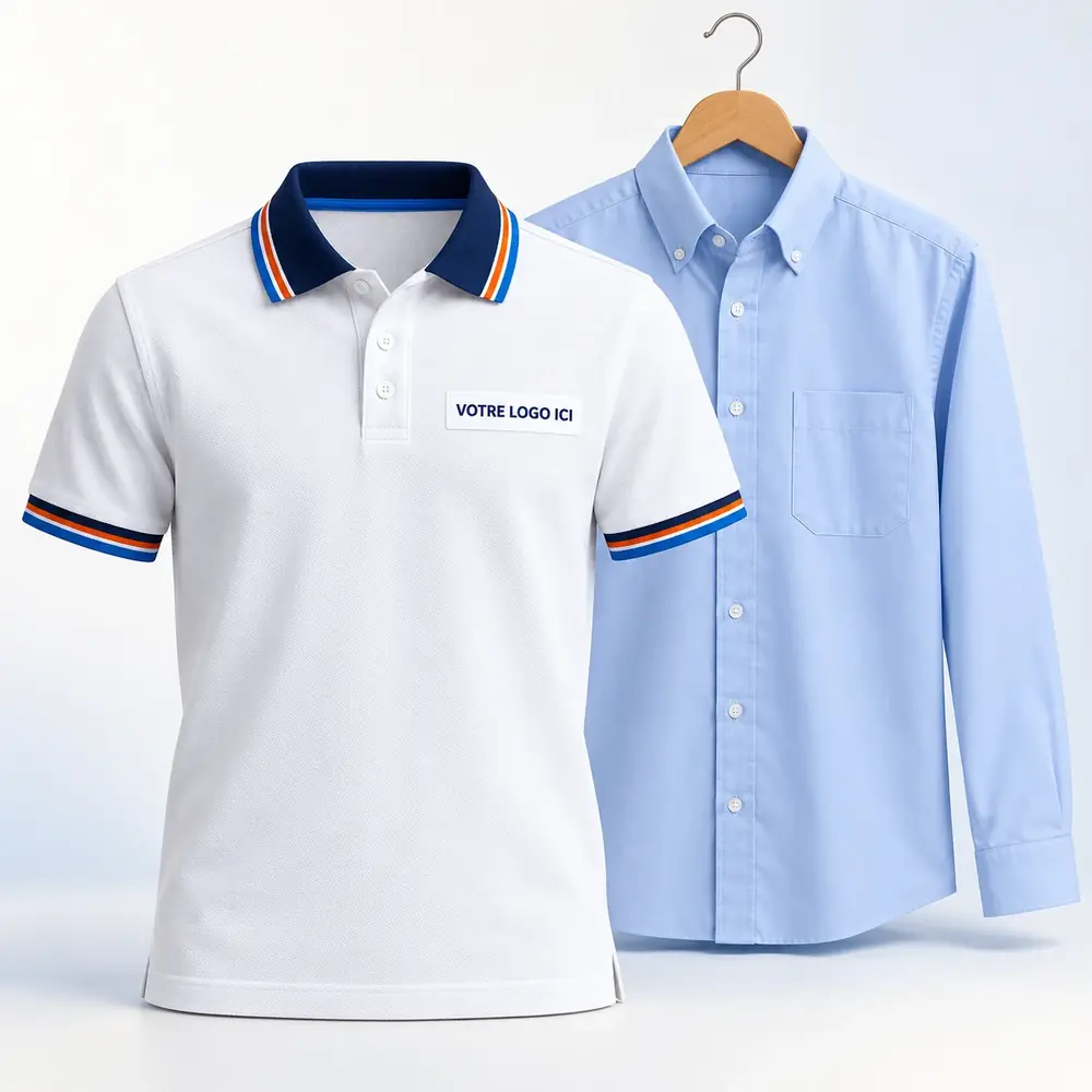Polo blanc à col contrasté et chemise bleu ciel d’uniforme scolaire, emplacement du logo brodé.